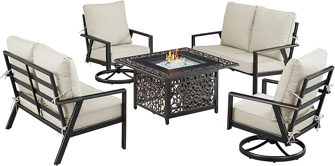 Oakland Living Black Aluminum Patio Fire Table Set with Two Deep Seating Loveseat with Cushions and Two Club Chairs with Light Grey Cushions