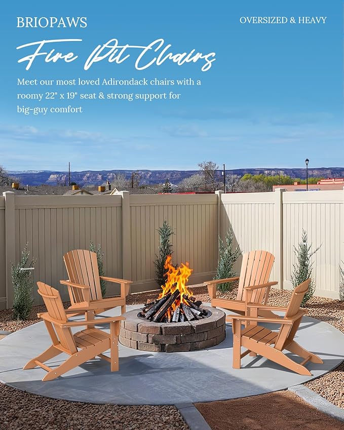 BRIOPAWS Adirondack-Chairs-Set of 4 | Fire Pit Chair | Oversized | HDPE Plastic | Weather Resistant | for Deck Outdoor Poolside Campfire | Teak