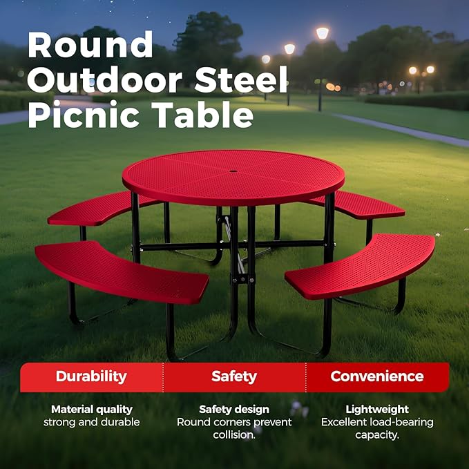 Rueekfil 46" Coated Picnic Table with Umbrella Hole, Heavy Duty Commercial Picnic Table for Outdoors, Family & Party Ready for School Camping, Round, Red