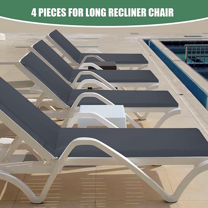 Chaise Lounge Cushions Outdoor Set of 4 - Waterproof and Fade Resistant Sun Lounger Replacement Cushions - Patio Lounger Pads with Removable Cover for Pool, Deck, 80 x 26 x 3 Inch, Dark Grey