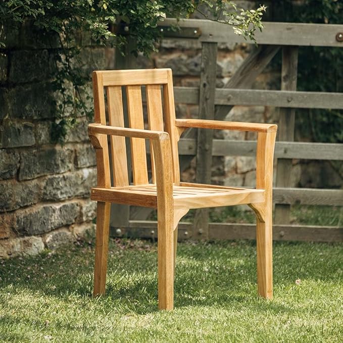 TITAN GREAT OUTDOORS Ash & Ember Sage Grade A Teak Classic Stacking Armchairs, Weather Resistant Premium Solid Wood Patio Lounge Chair with Intricate Back Support (6 Pack)