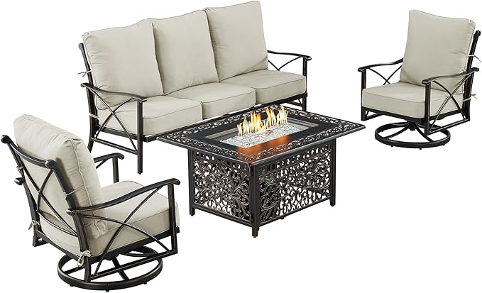Oakland Living Black Aluminum Fire Table Set with Deep Seating Sofa with Cushion and Two Club Chairs