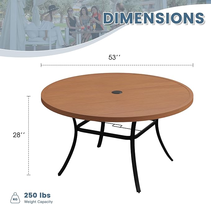 DIFY Patio Round Dining Table, 53" All Weather Round Outdoor Table with 1.57" Umbrella Hole for 8 Person, Perfect for Yard, Balcony and Lawn, Walnut