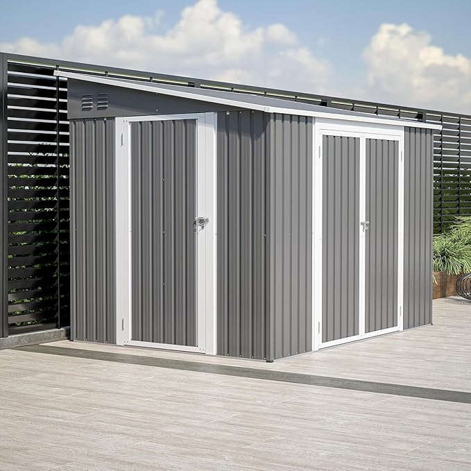8x6 FT Outdoor Storage Shed with Sloping Roof, Lockable Double Doors & Adjustable Side Door, Weatherproof with Frame Floor, Compact Metal Tool Shed for Garden, Backyard and Patio