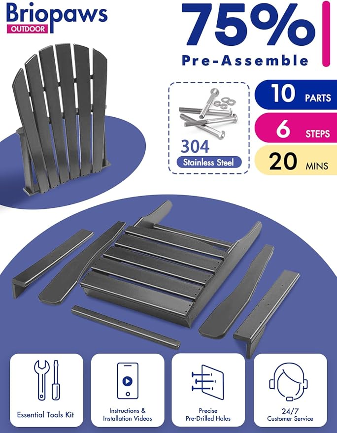 BRIOPAWS Adirondack-Chairs-Set of 6 | Fire Pit Chair | Oversized | HDPE Plastic | Weather Resistant | for Deck Outdoor Poolside Campfire | Grey
