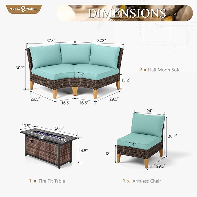 Sophia & William Patio Furniture Set with Fire Pit Table, 6 Piece Half Moon Outdoor Wicker Sectional Sofa Set, Rattan Conversation Set with 56-Inch Fire Pit Table for Backyard, Deck, Pool(Aqua Blue)