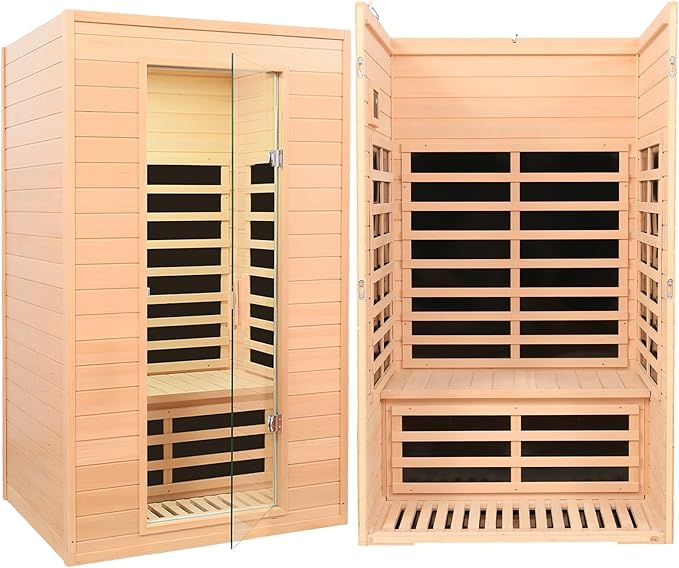 2 Person Infrared Sauna, Low EMF Infrared Saunas for Home 2 Person Indoor Home Sauna Canadian Hemlock Wooden Sauna Room with Bluetooth Speakers, LED Reading Lamps, 1500Watt