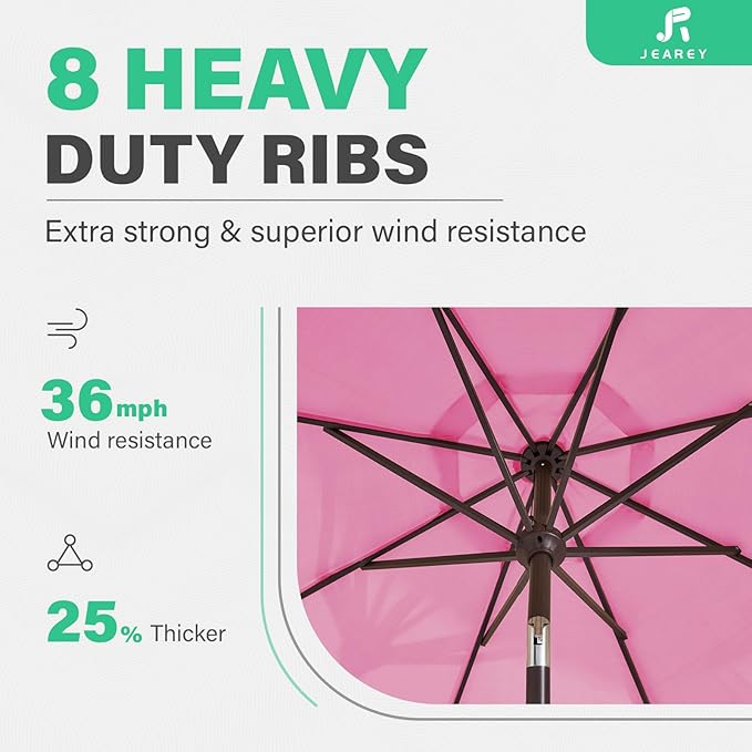 JEAREY 9FT Outdoor Patio Umbrella with Solar Lights, LED Lighted Pool Umbrella with Tilt and Crank, Outdoor Table Umbrellas for Deck, Yard & Market (Rose Pink)