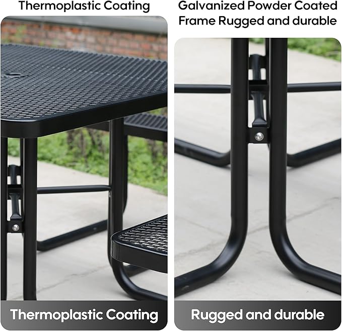 8-Person Outdoor Picnic Tables,46" Heavy-Duty Metal Square Picnic Table,Expanded Metal Commercial-Grade Table with 4 Benches & Umbrella Hole,Waterproof Coating Beach Table for Patio,Garden, Backyard