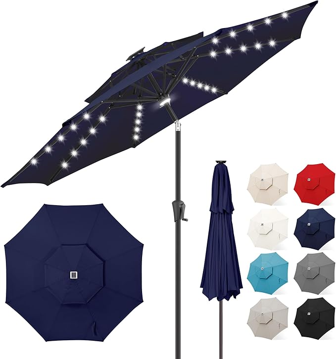 FLAME&SHADE 9 ft Double Top Solar Powered Outdoor Market Patio Table Umbrella with LED Lights and Tilt, Navy Blue