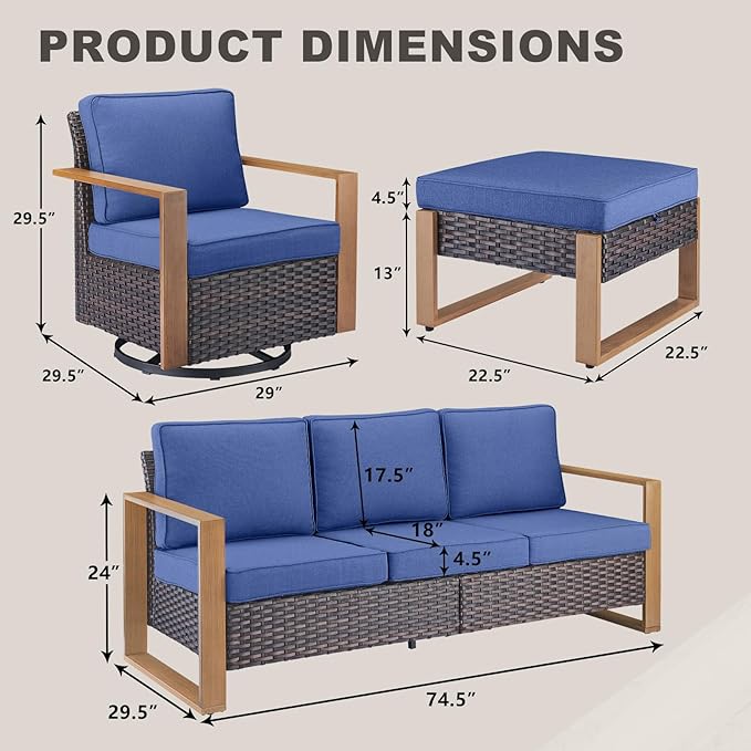 Rilyson Outdoor Wicker Patio Furniture Set - 5 Piece Patio Conversation Set with 2 Wicker Swivel Rocker Chairs,2 Rattan Ottoman and 1 Couch,Thick Cushions,Deep Seating,Wide Armrest(Brown/Blue)