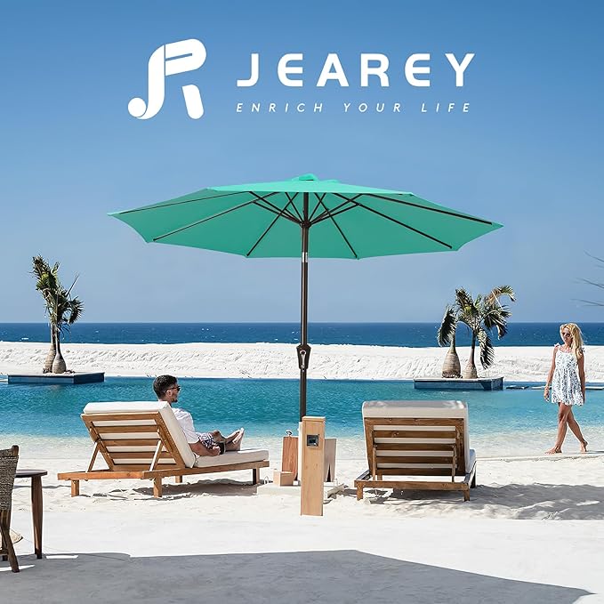 JEAREY 9FT Outdoor Patio Umbrella Outdoor Table Umbrella with Push Button Tilt and Crank, Market Umbrella 8 Sturdy Ribs UV Protection Waterproof for Garden, Deck, Backyard, Pool (Bright Teal)