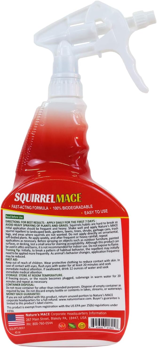 Nature's Mace Squirrel Mace, Squirrel Repellent Outdoor, 40 Ounce Spray, Squirrel and Chipmunk Repellent, Keep Squirrels Out of Your Garden, Attic, Bird Feeders, Fruit Trees, Plants, Potted Plants