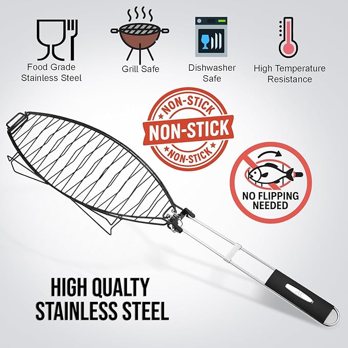 Fish Grilling Basket for Grill - Stainless Steel Basket, Non-Stick Fish Rack for Grilling with Adjustable Lock Removable Handle, Ideal for BBQ, Camping, Charcoal and Gas Grills