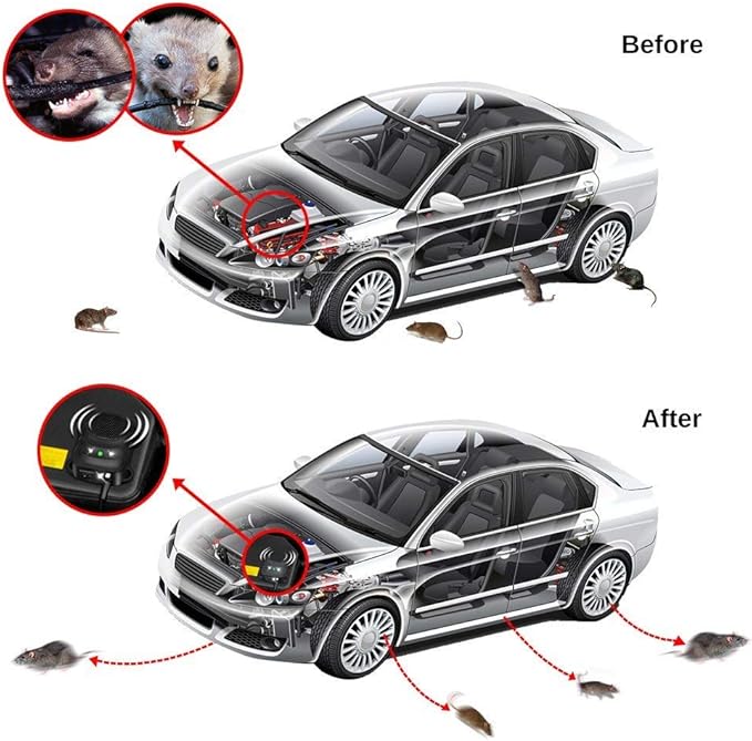 Loraffe Under Hood Rodent Repellent for Car Engines, 12V 24V Ultrasonic Mouse Deterrent with LED Strobe Lights – Mice and Rat Repeller for Truck, RV, Vehicle Engine Protection, Pack of 2