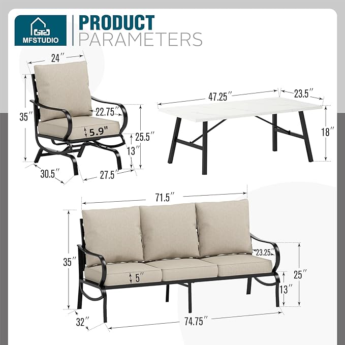 MFSTUDIO 4 Pieces Patio Conversation Sets(5 Seat),Outdoor Metal Furniture Sofas with 1 Loveseat(3 Seat), 2 Rocking Chairs,1 Coffee Table,Wrought Iron with Beige Cushion for Patio Courtyard Balcony