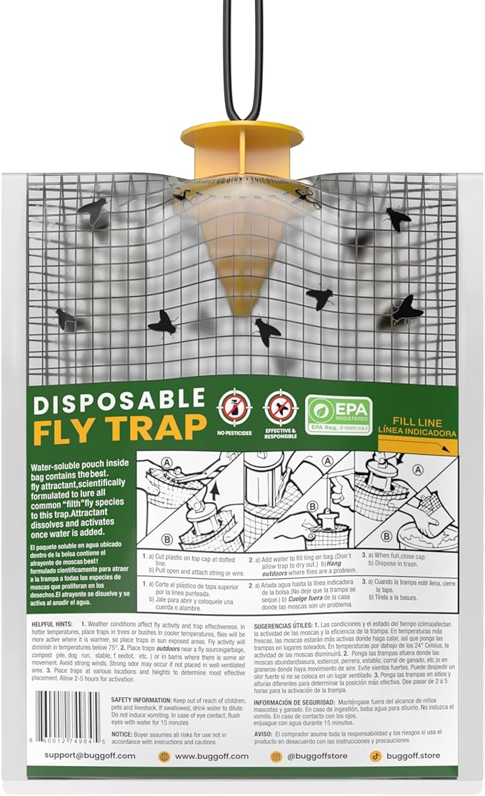 BUGGOFF - 4 Pack Outdoor use only, Disposabe Hanging Fly Traps with Natural Pre-Bait, Catches Flyes everywhere anywhere, Stables, Ranches, Cottages and More. Discrete design, Easy fill and hang setup!