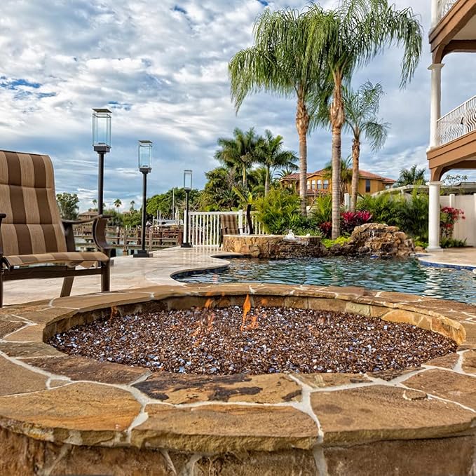 Fire Glass for Propane Fire Pit, 1/2 Inch High Reflective Fireplace Glass Rocks for Fire Pit Table, 20 lbs Fire Pit Glass Rocks for Outdoor Fire Table and Landscaping, Copper Reflective