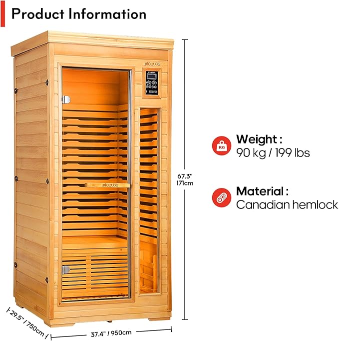 WILLOWYBE Infrared Home Sauna with Advanced Heating Panels, 7-Color LED Mood Lighting, Bluetooth Audio, Digital Control Panel, Premium Canadian Hemlock, Easy DIY Assembly, Compact Personal Spa