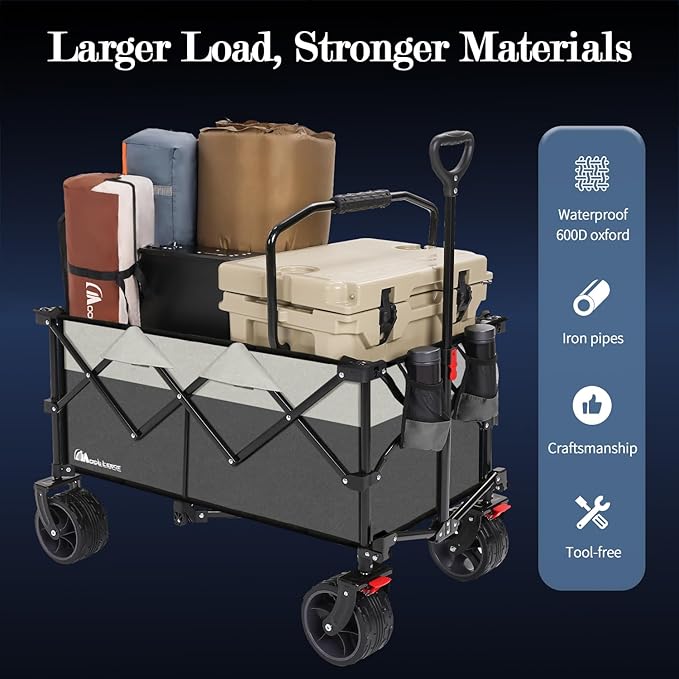 MOON LENCE Collapsible Foldable Wagon Cart, 220L Large Weight Capacity Folding Utility Wagon with All-Terrain Big Wheels, Utility Cart Wagon for Garden, Grocery, Shopping, Camping, Beach, Picnics