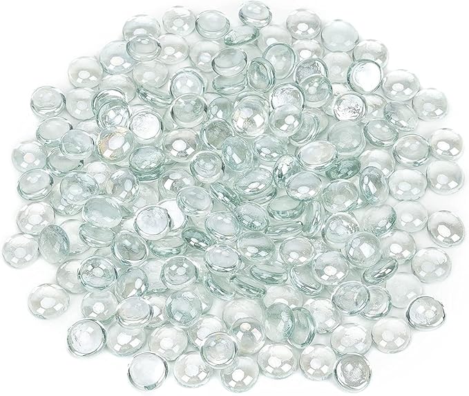 onlyfire Flat Fire Glass Beads for Propane Fire Pit, 1/2 Inch Reflective Firepit Glass Rocks 10 Pounds Flat Marbles for Gas Fireplace and Fire Pit Table, Crystal Ice