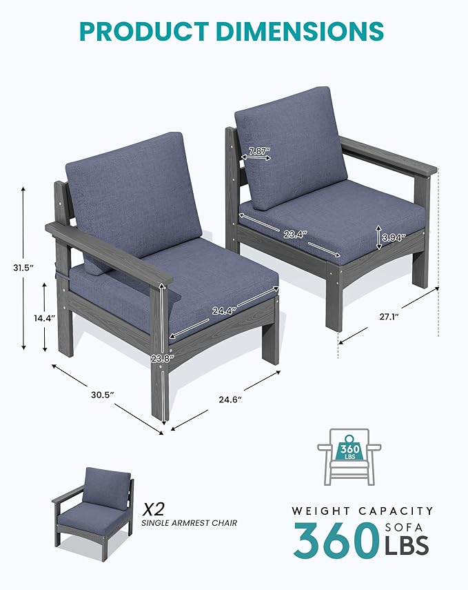SERWALL HDPE Patio Loveseat Sofa, 2 Pieces Single Sofa, Weather-Resistant Outdoor Furniture Chair with Thick Removable Cushion, Balcony, Garden, Backyard, Poolside, Grey Frame with Grey Cushion