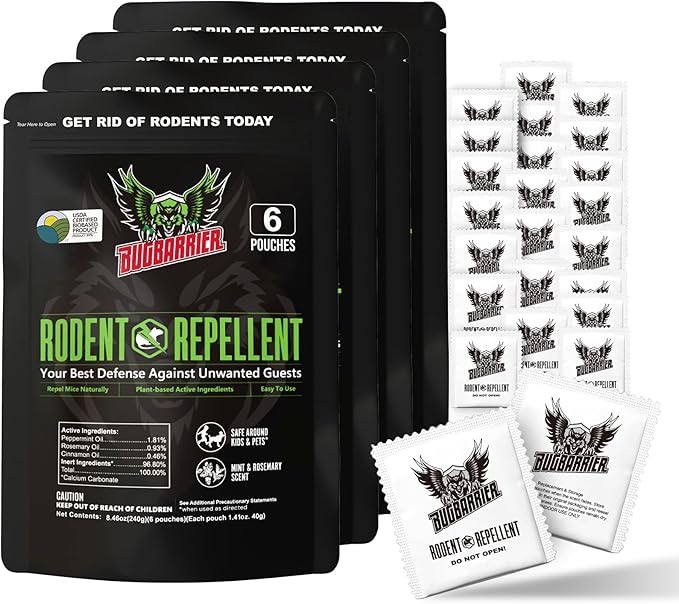 Extra-Strength Mouse Repellent Deterrent Pouches, USDA 99% Biobased, Peppermint & Rosemary Oils Repel Mice Nesting in Car, RV, Boat, Garage, Shed, Cabin Made in The USA (24 Pack)