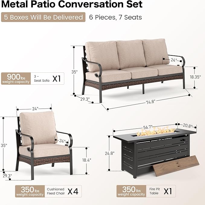 SUNSHINE VALLEY 6 Piece Black Metal Outdoor Patio Furniture Sets with Firepit Table, Patio Conversation Sets 1 3-Seater Sofa, 4 Single Sofa with 5.75" Thick Cushion Backyard Furniture for Deck, Beige