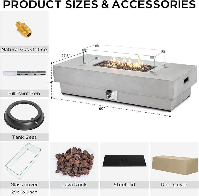 60 Inch Outdoor Propane Fire Pit Table with Wind Guard, 50,000 BTU Natural Gas Firepit for Outside Patio Rectangular Concrete Fire Table with Steel Lid, Lava Rock, Rain Cover