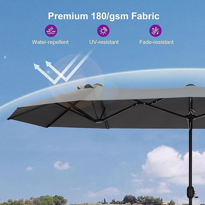 PURPLE LEAF 13ft Patio Market Umbrella with Base Double-Sided Rectangle Outdoor Table Sun Umbrellas with Crank 12 Heavy Duty Sturdy Ribs for Pool Beach Deck Backyard Light Gray