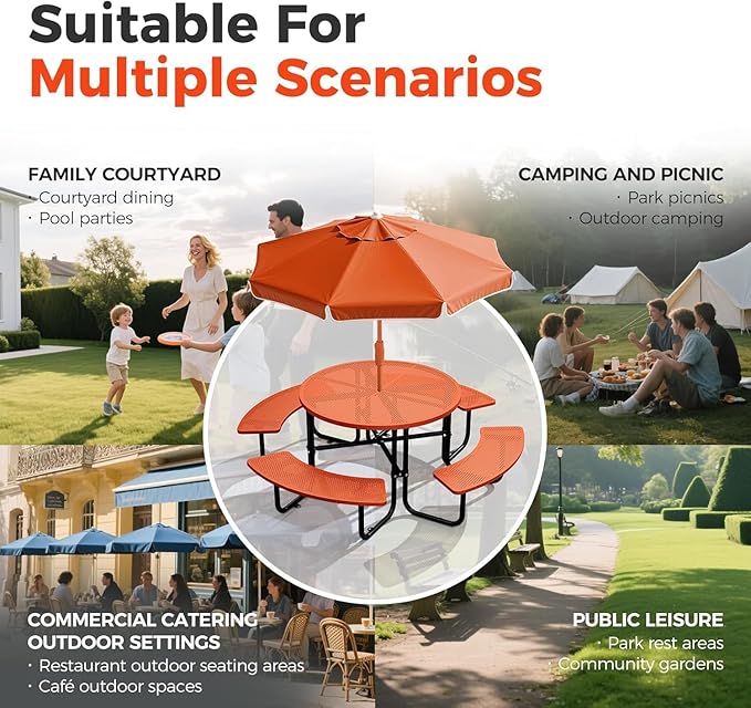 KUFUH 46" Coated Round Metal Picnic Table for 4-8 Person, Durable Heavy Duty Commercial Picnic Table with Umbrella Hole for Outdoor Coffee Shop, School, Easy to Install, Orange