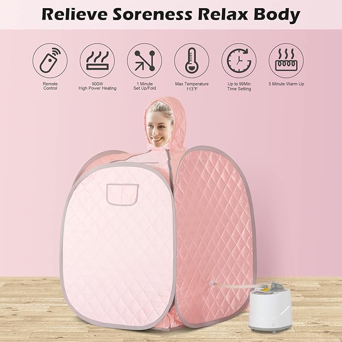 ZONEMEL Portable Steam Sauna Kit for 1 Person or 2 Person Full Body Home Sauna Spa, Leg Detox Relaxation, 2L Steam Pot, Remote Control (Pink, L 33.5”x W 32.3”x H 41.7”)