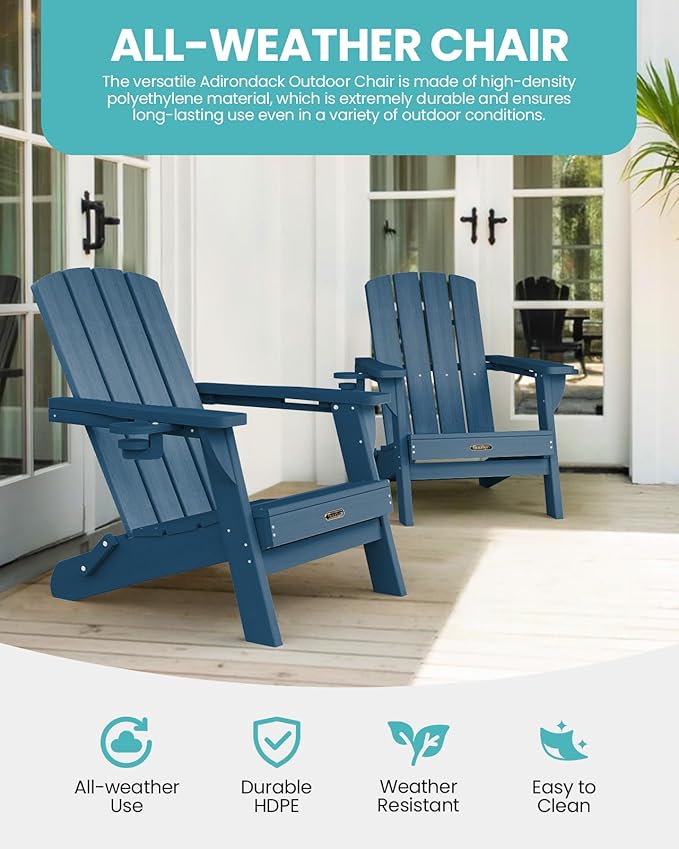 Folding Adirondack Chair 1 Pack, HDPE All-Weather Fire Pit Chairs, Plastic Adirondack Chairs with 2 Cup Holder, Outdoor Lawn Chair for Patio Garden (New Blue)