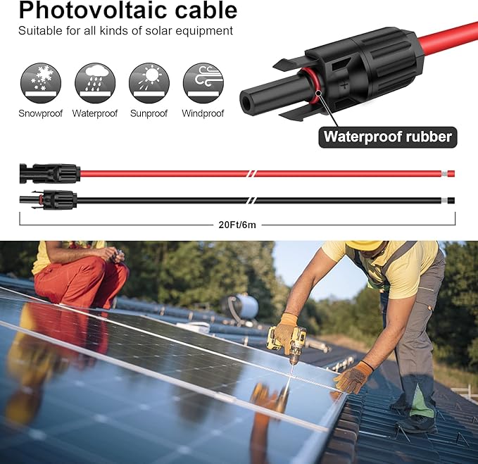 iGreely 20 Feet 10AWG Solar Extension Cable with Female and Male Connector Solar Panel Wire Adapter (20FT Red + 20FT Black)