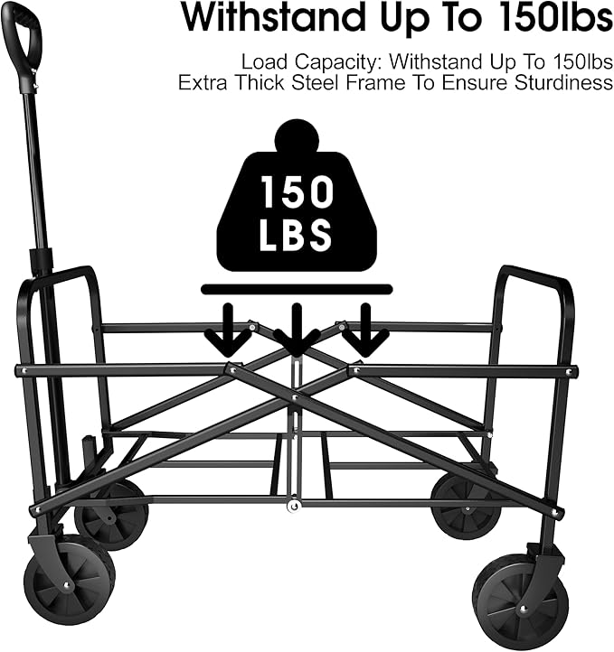 Highpro Collapsible Wagon Carts Foldable, Heavy Duty Beach Folding Wagon Cart with Wheels, Portable Grocery Garden Cart for Outdoor, Sports, Shopping, Camping, Black