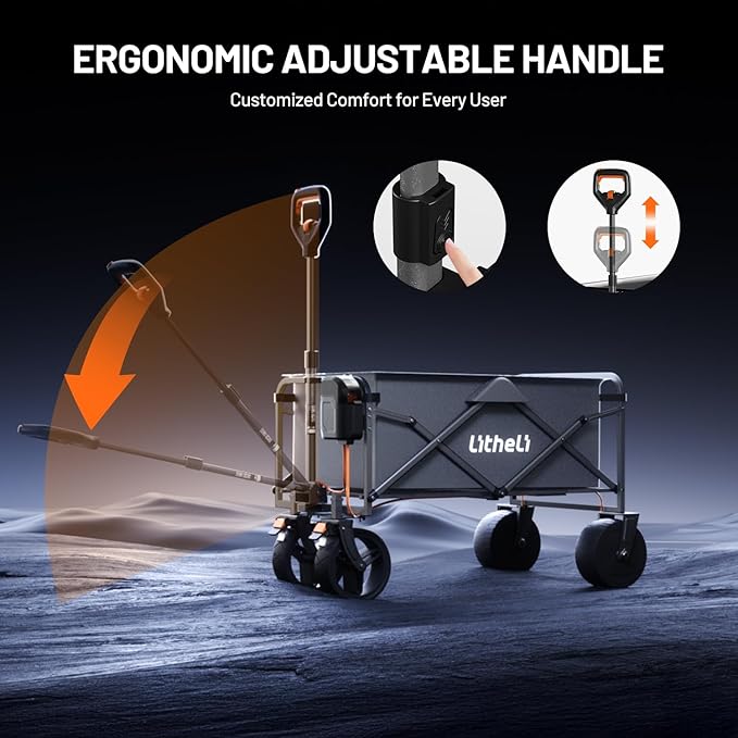 Litheli Electric Collapsible Wagon Cart with Brakes, 100L Grocery Cart with Wheels,Easy to Carry Folding Wagon for Camping, Gardening, Shopping（Grey with 1 Battery）