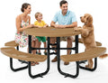 Metal Picnic Tables for Outdoors with Umbrella Hole - Coated Steel Heavy Duty Commercial Grade Furniture Set with Adjustable Seats (Brown, 46 in, Round, Expanded Steel)