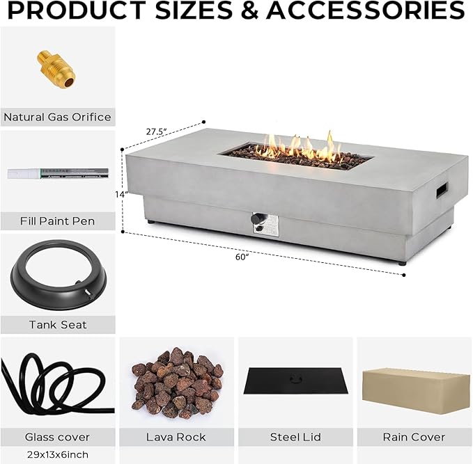 60 Inch Outdoor Propane Fire Pit Table, 50,000 BTU Natural Gas Firepit Rectangular Concrete Fire Table with Steel Lid, Natural Gas Orifice, Rain Cover for Outside Patio, Deck, Backyard, Garden