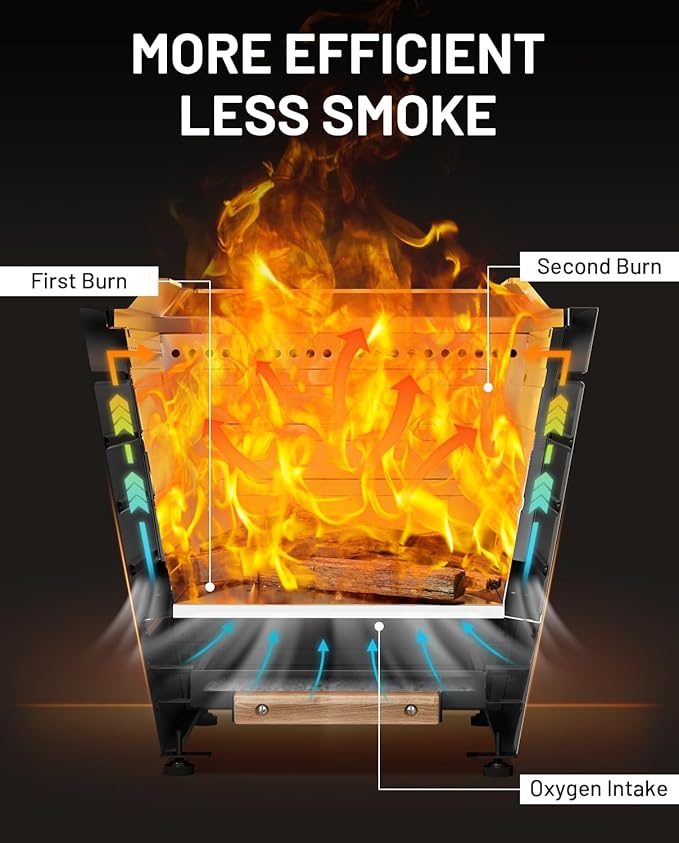 20 Inch Smokeless Fire Pit Stainless Steel Wood Burning Fireplace Portable Outdoor Fire Pit Patio Smokeless Firepit with Pull-Out Ash Tray and Handles, Black