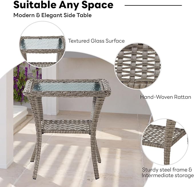 Belord Handwoven Wicker Side Table - 20 Inch Small Outdoor Table 2 Tier Storage with Tempered Glass Top, All Weather Outdoor Patio End Tables for Deck Balcony Outside Gray