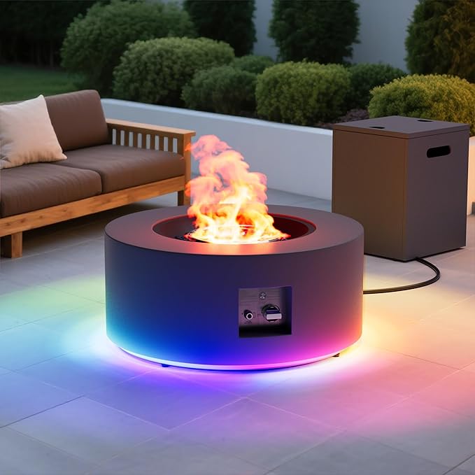 Dineli 2-Piece Outdoor Propane Fire Pit Table Set w Tank Table 30'' Round Fire Pit Table 2-in-1 Firepit Table for Outside Patio Gas Fire Pit w LED, 50,000 BTU, Dark Gray with RGB Light