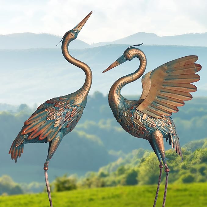 Oritty 33-37 Inch Metal Crane Garden Statue Décor, Bird Heron Garden Sculpture & Statues, Outdoor Decoration for Yard Pond Lawn Backyard Pool, Vintage Spread Wings Crane, Set of 2 Copper