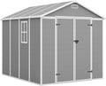 Amopatio 8x8 FT Storage Shed, Resin Outdoor Shed with Floor Included, Plastic Sheds Outdoor Storage for Bike, Garden Tools, Sheds & Outdoor Storage with Lockable Door, Window & Vents, Grey & White