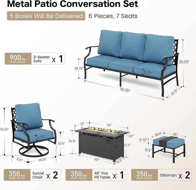 SUNSHINE VALLEY 6 Piece Metal Outdoor Patio Furniture Set with Firepit Table, Patio Conversation Set 1 3-seater Sofa, 2 Swivel Chair, 2 Ottoman with 5.75" Thick Cushion, Black Backyard Furniture, Navy