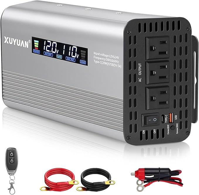 1500W Pure Sine Wave Inverter, 12V/24V Auto-Detect, 50Hz/60Hz Switchable, LCD Display, Type-C Fast Charging, Silent Design, Overload & Overheat Protection for RV, Home