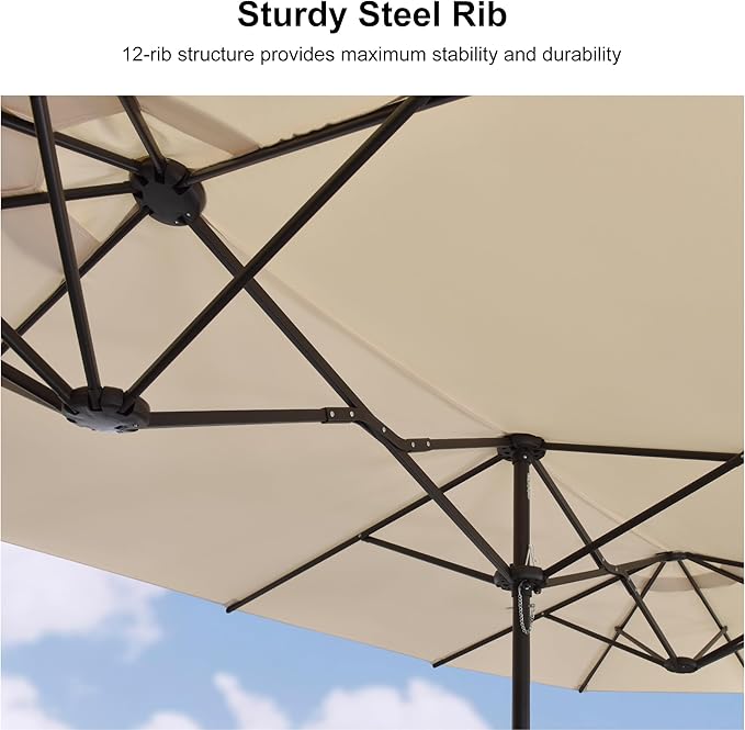 PURPLE LEAF 15ft Patio Market Umbrella with Base Double-Sided Rectangle Outdoor Table Sun Umbrellas with Crank 12 Heavy Duty Sturdy Ribs for Pool Beach Deck Backyard Khaki