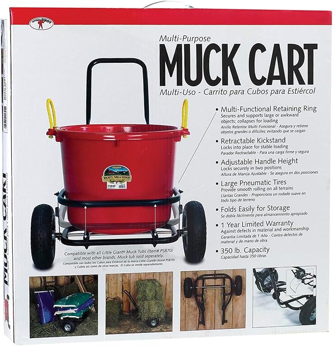 Miller 3-Pack Muck Cart Utility Wagon, 70-Quart Tub Compatible, 350-Pound Capacity – Foldable Two-Wheel Farm & Ranch Transport with Adjustable Handle, Pneumatic Tires, and Kickstand, CA500
