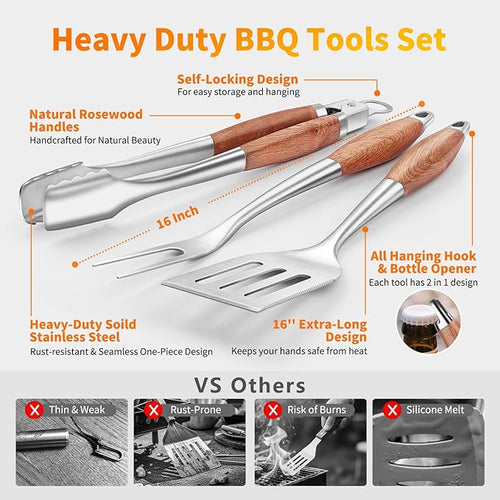 16 Inch Grilling Accessories Set, Heavy Duty Stainless Steel BBQ Accessories Tools and Grill Accessories for Outdoor Grill with Spatula, Fork, & Tongs - Grilling Gifts for Men Women Father