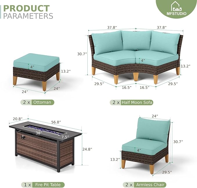 MFSTUDIO 9 Pieces Wicker Patio Furniture Set with 56" Fire Pit Table, Rattan Half-Moon Patio Conversation Set Outdoor Sectional Sofa Set, 4 x Curved Sofa, 2 x Armless Couch, 2 x Ottoman(Aqua Blue)