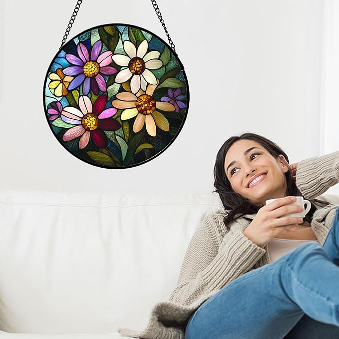 CRISGIF Stained Glass Window Hanging - Colorful Daisies Suncatcher for Door Garden Patio Retro Flower Sun Catchers Decor Christmas Mother's Day Birthday Gifts for Women Mom Nana Aunt Friend 15 in